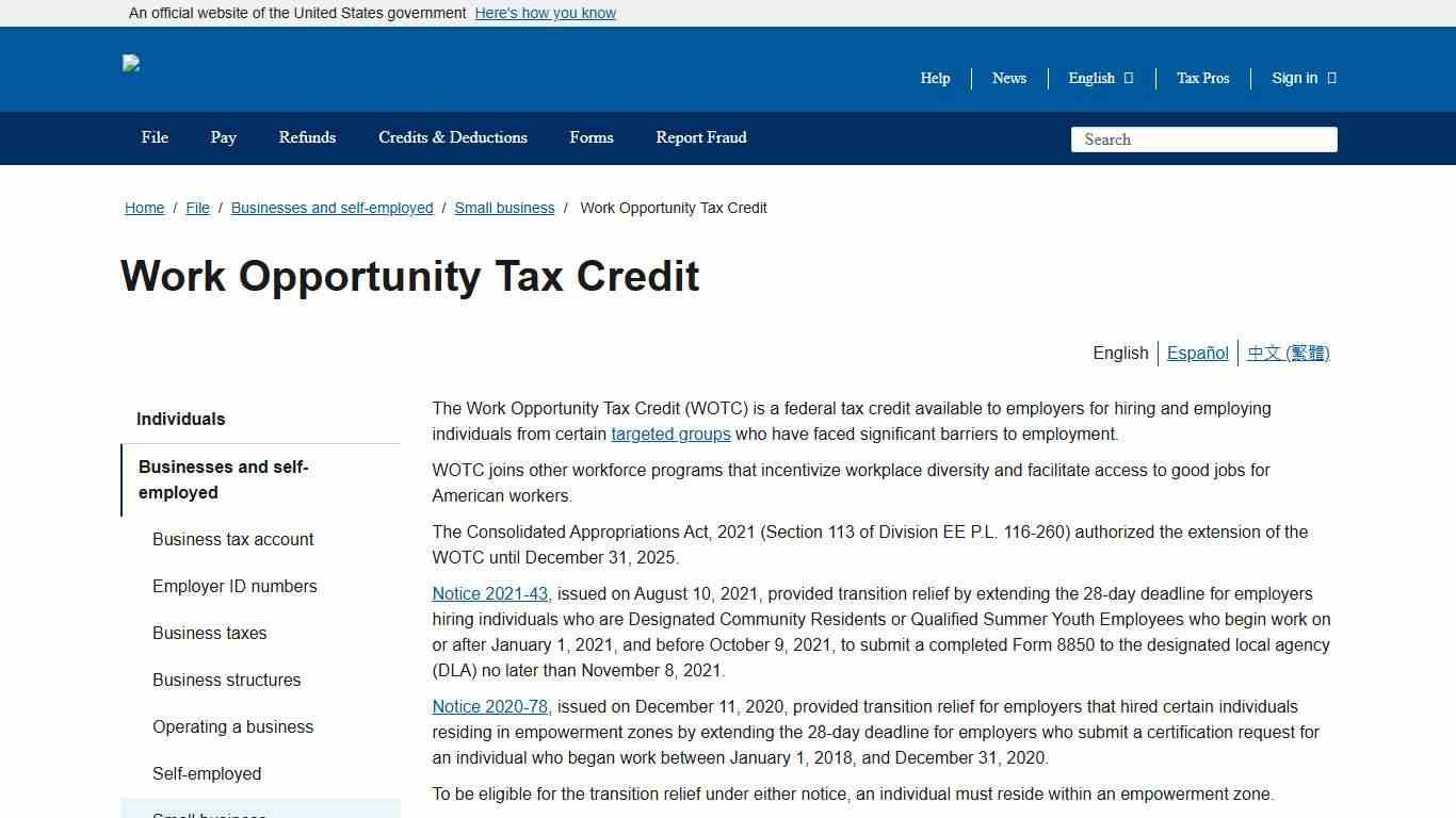 Work Opportunity Tax Credit Internal Revenue Service